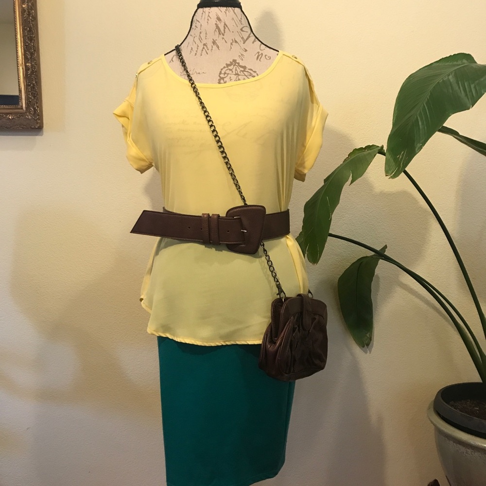 Yellow Top w/ Gold Button Shoulder Detail
